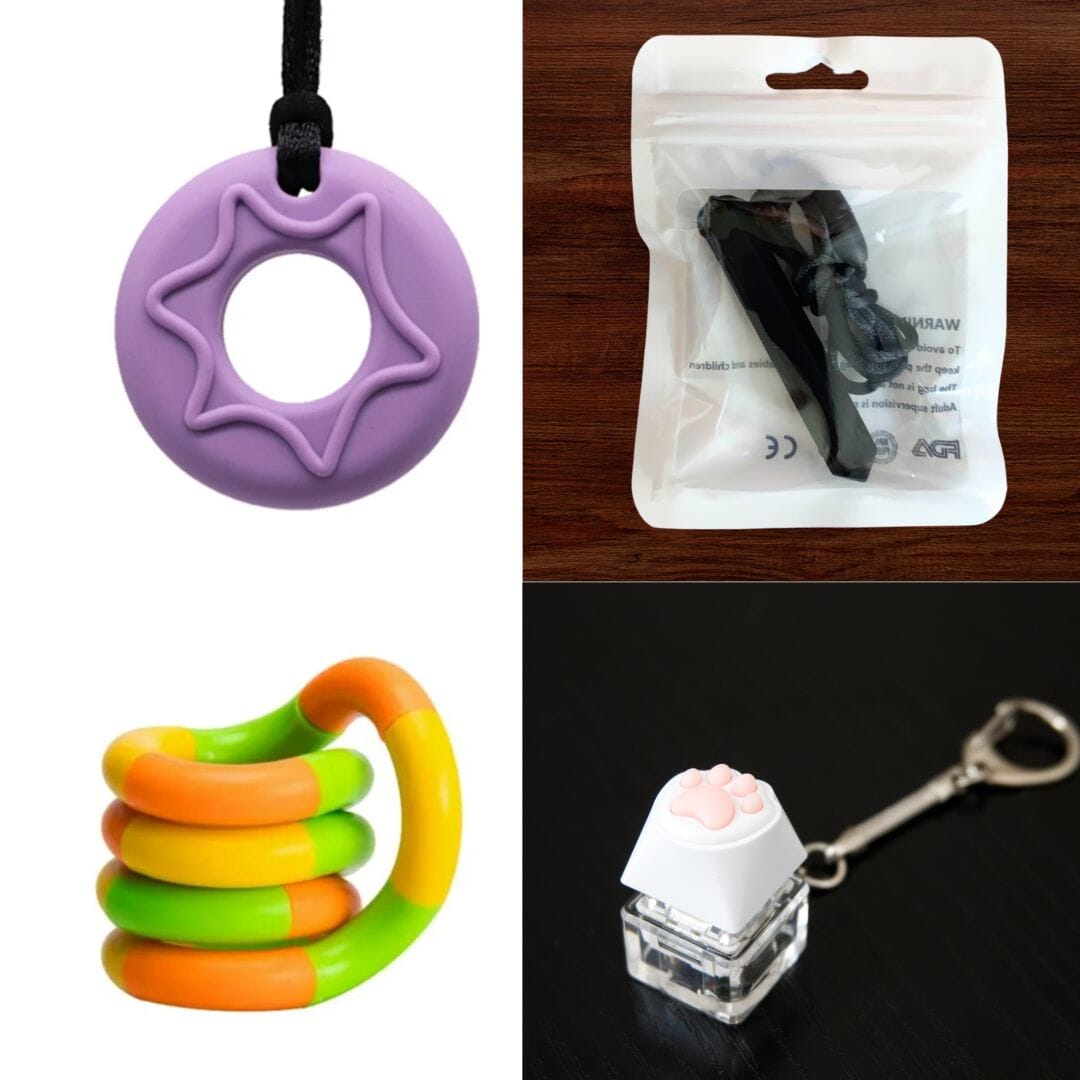 A collage showcasing the "2 Chew Necklaces + 2 Fidget Toys Bundle" features a lavender chewable necklace with a star-shaped cutout on a black cord, a black chew toy in a transparent plastic bag, a segmented fidget toy with sections in orange, yellow, and green, and a paw keyboard fidget keychain with a white and pink paw-shaped button.