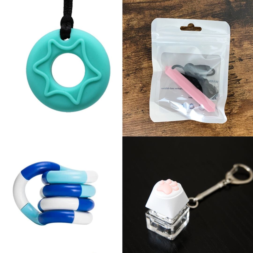 2 Chew Necklaces + 2 Fidget Toys Bundle The Autistic Innovator Aquamarine Pink Blue white deep blue