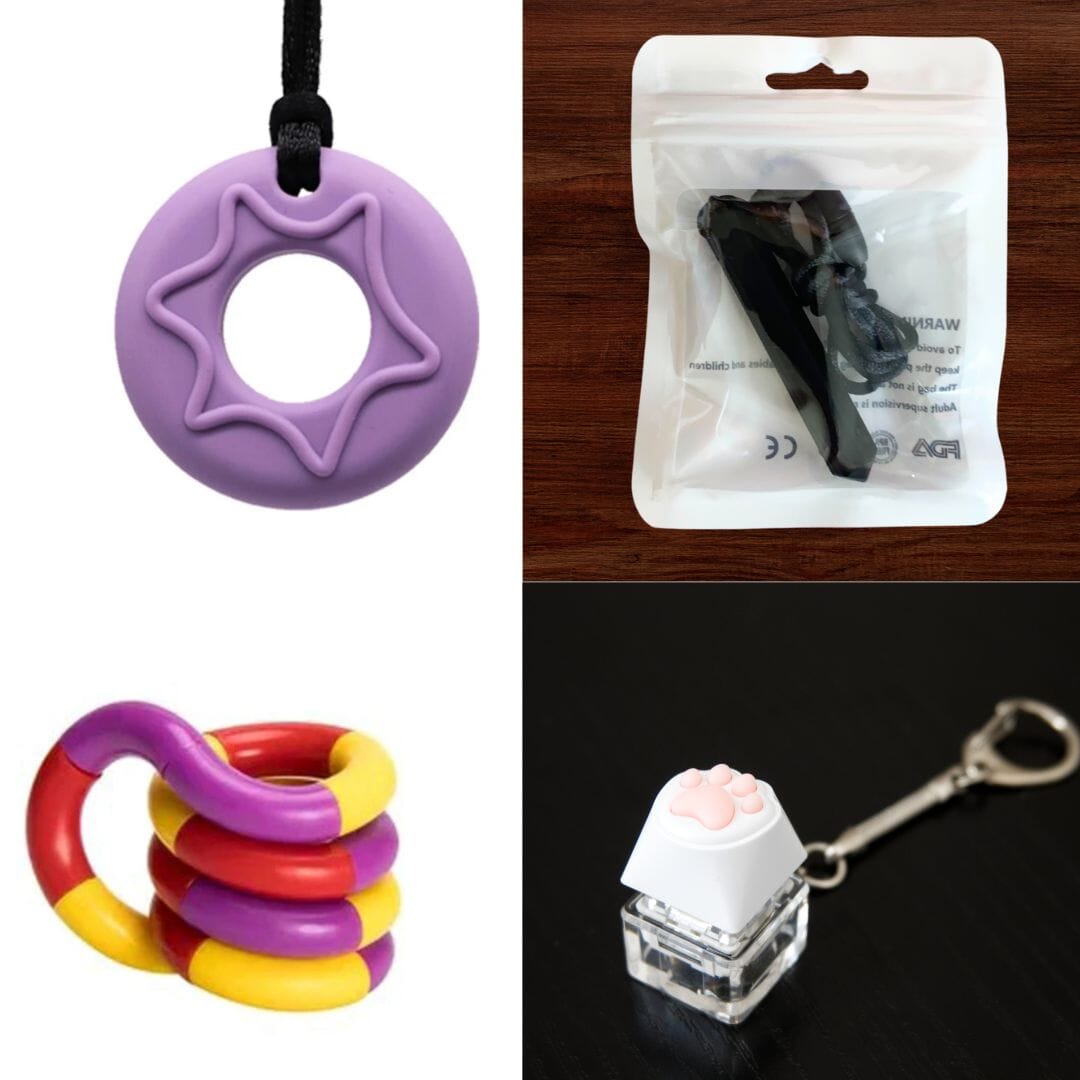 A collage of items from the "2 Chew Necklaces + 2 Fidget Toys Bundle (choose your colors)": a purple star-shaped pendant with a hole in the center, a packaged black item with a clear front, a twisty red, yellow, and purple chewy ring ideal for chew necklaces, and a paw keyboard fidget keychain with a white button featuring a pink paw on top, attached to a transparent cube.