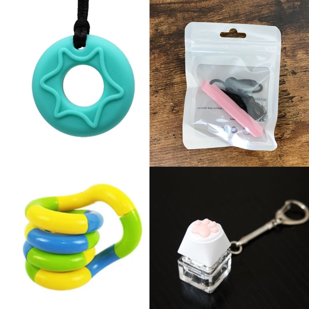 2 Chew Necklaces + 2 Fidget Toys Bundle The Autistic Innovator Aquamarine Pink Yellow green blue