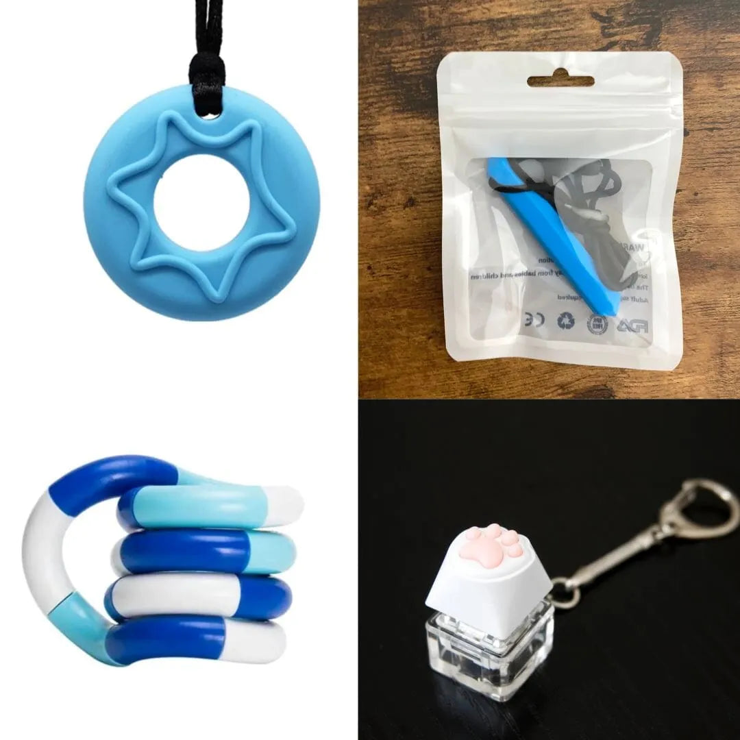 2 Chew Necklaces + 2 Fidget Toys Bundle (choose your colors) Blue Blue Blue white deep blue