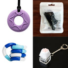 A four-item collage: top left features a star-shaped, purple silicone chew necklace; top right displays black earplugs in clear packaging; bottom left showcases a blue and white bendable fidget toy; and bottom right presents a white and pink paw-shaped keycap on a crystal base keychain, all part of the 2 Chew Necklaces + 2 Fidget Toys Bundle.