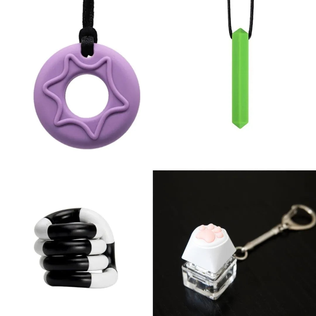 2 Chew Necklaces + 2 Fidget Toys Bundle (choose your colors) Purple Green Black and white