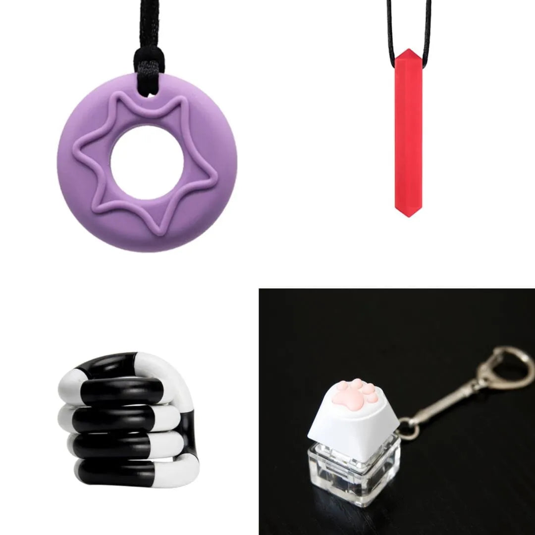 2 Chew Necklaces + 2 Fidget Toys Bundle (choose your colors) Purple Red Black and white