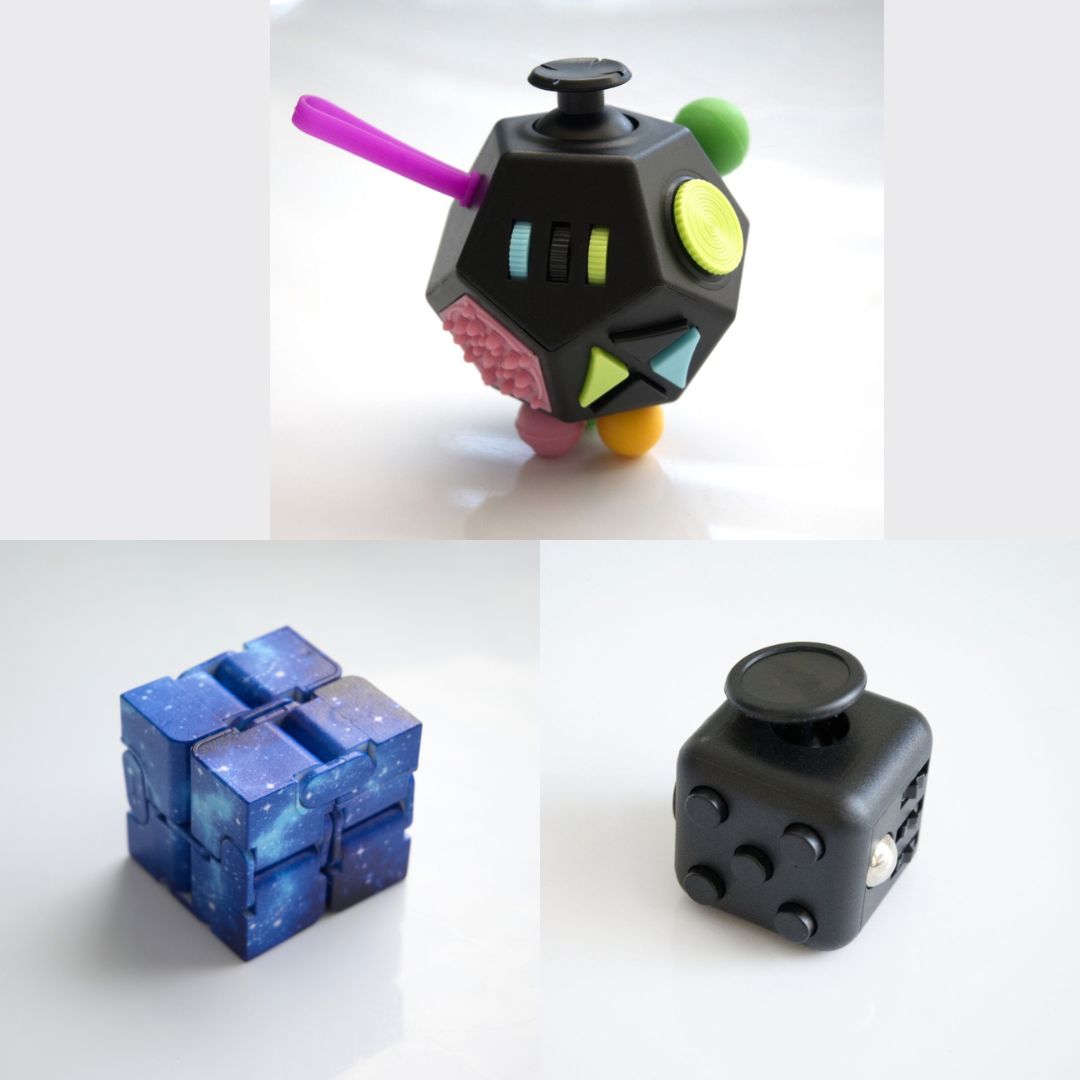 3 Fidgeting Cubes Bundle Blue Galaxy All Black Multi Colored