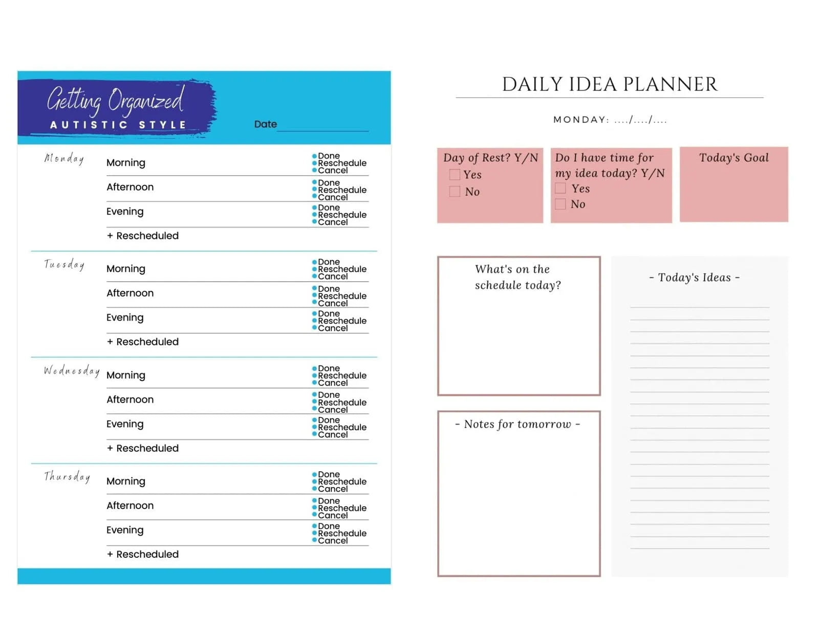 Daily Idea Planner & Weekly Schedule Planner Printables (Bundle) 
