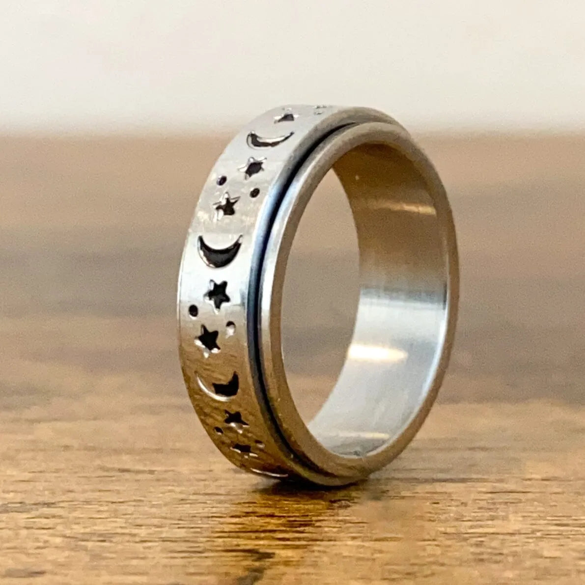 Moon and Star Spinner Stim Ring 4 Silver 