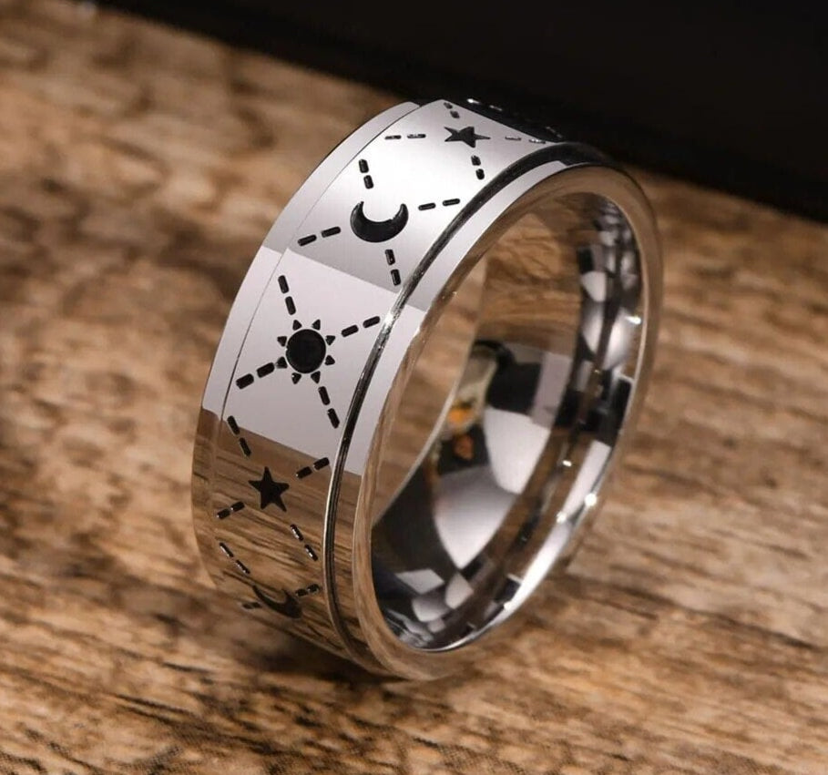 Vnox Men's Spinner Anxiety Relaxing Fidget Rings with Sun Star Moon, 8MM Stainless Steel Rotatable Freely Rings Accessory The Autistic Innovator 7 