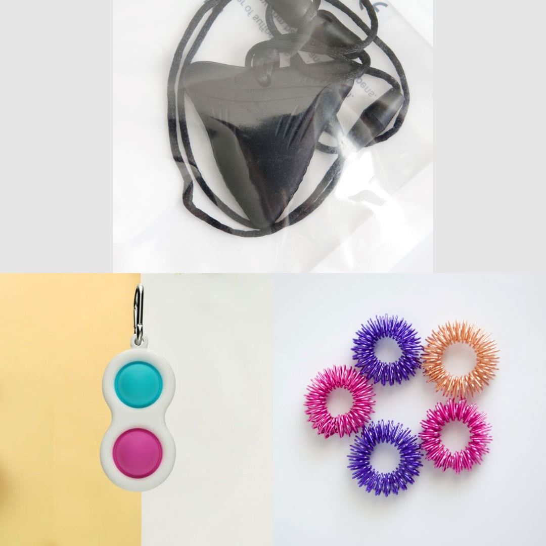 Shark Tooth Chew Necklace + 2 Fidget Toys Bundle Black Pink & Blue Purple Rose