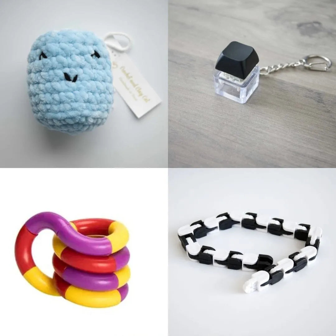 Stress Mallow by Crochet and Clay Cat + Fidgets Bundle Blue Black Purple red yellow