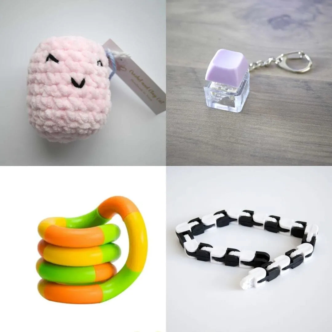 Stress Mallow by Crochet and Clay Cat + Fidgets Bundle Pink Purple Green yellow orange