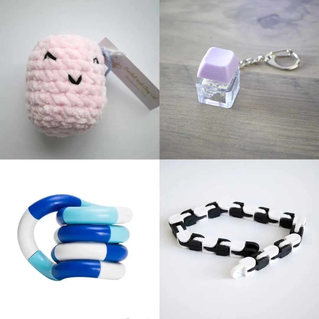 Stress Mallow by Crochet and Clay Cat + Fidgets Bundle Pink Purple Blue white deep blue