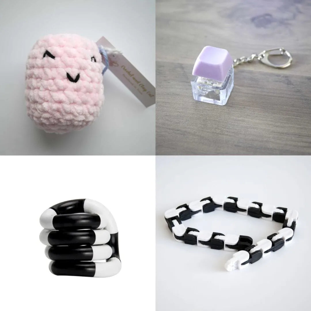 Stress Mallow by Crochet and Clay Cat + Fidgets Bundle Pink Purple Black and white