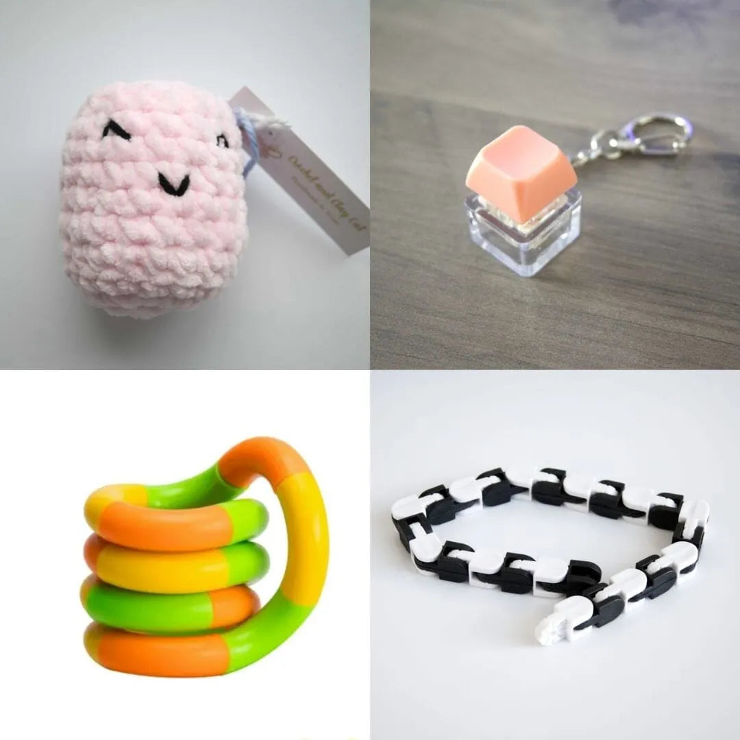 Stress Mallow by Crochet and Clay Cat + Fidgets Bundle Pink Coral Green yellow orange