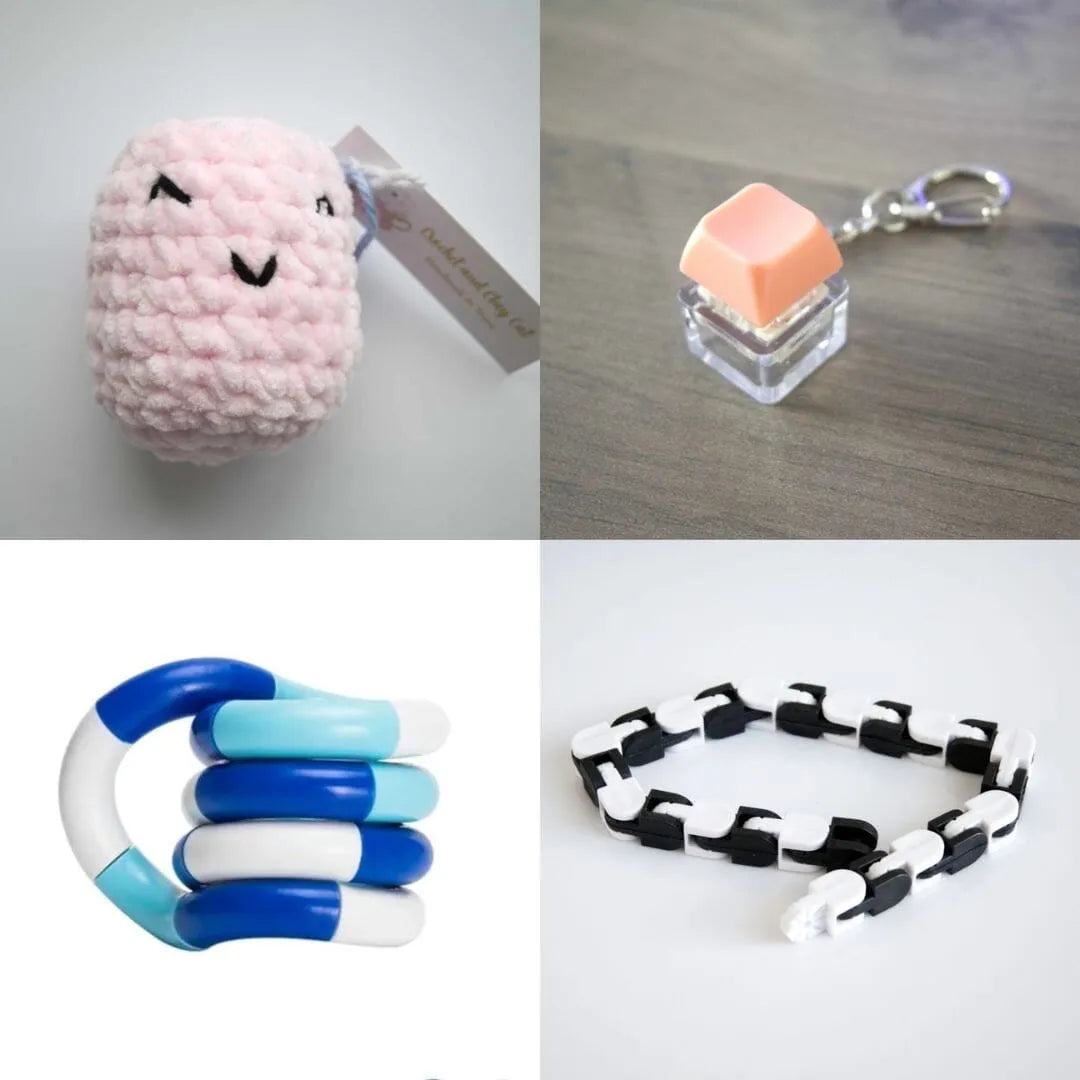 Stress Mallow by Crochet and Clay Cat + Fidgets Bundle Pink Coral Blue white deep blue