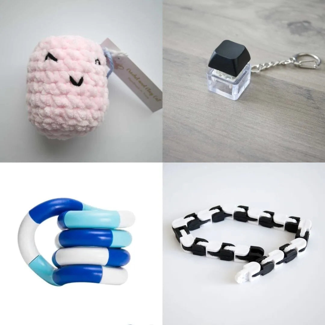 Stress Mallow by Crochet and Clay Cat + Fidgets Bundle Pink Black Blue white deep blue