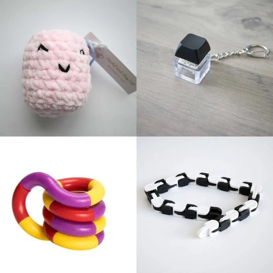 Stress Mallow by Crochet and Clay Cat + Fidgets Bundle Pink Black Purple red yellow