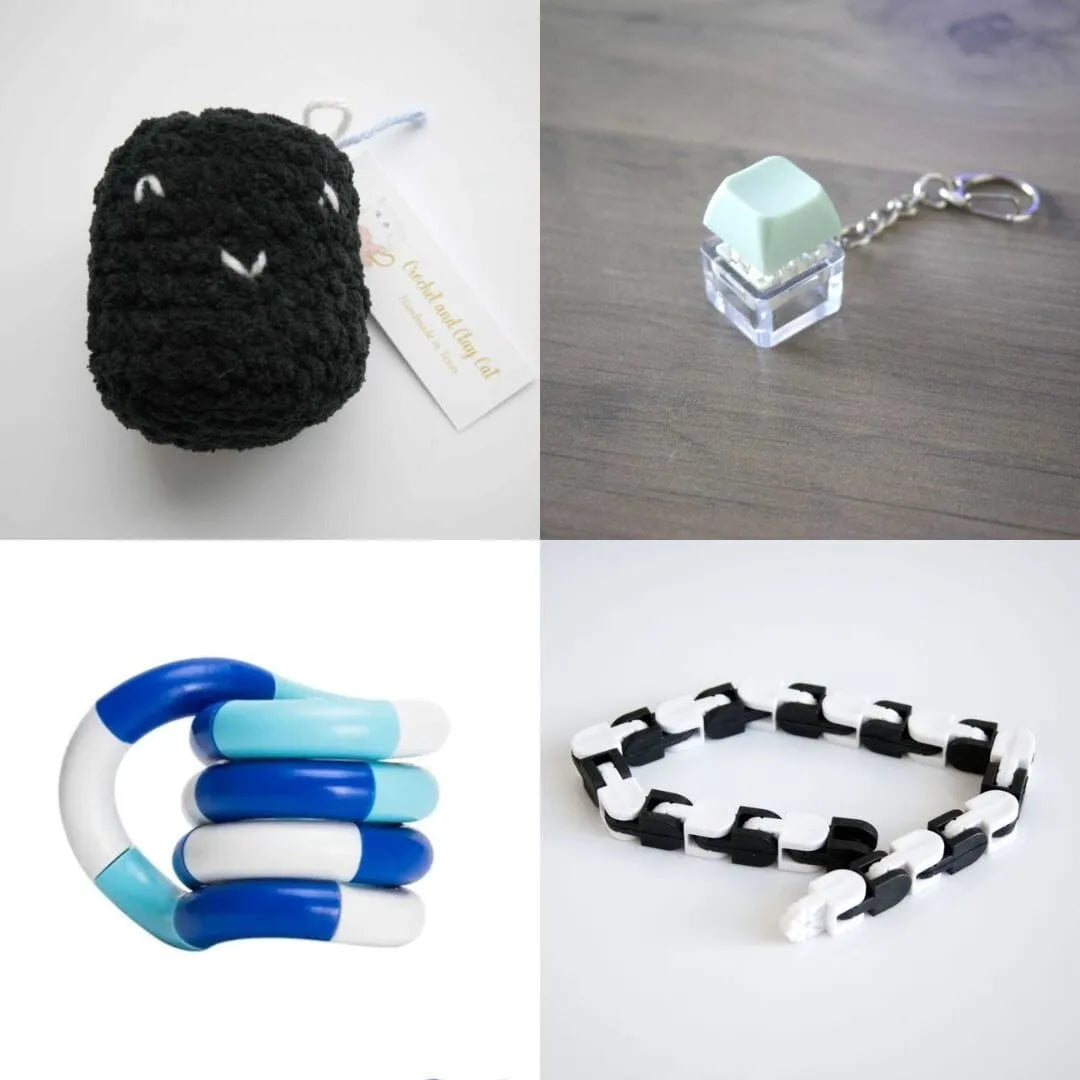 Stress Mallow by Crochet and Clay Cat + Fidgets Bundle Black Mint Green Blue white deep blue