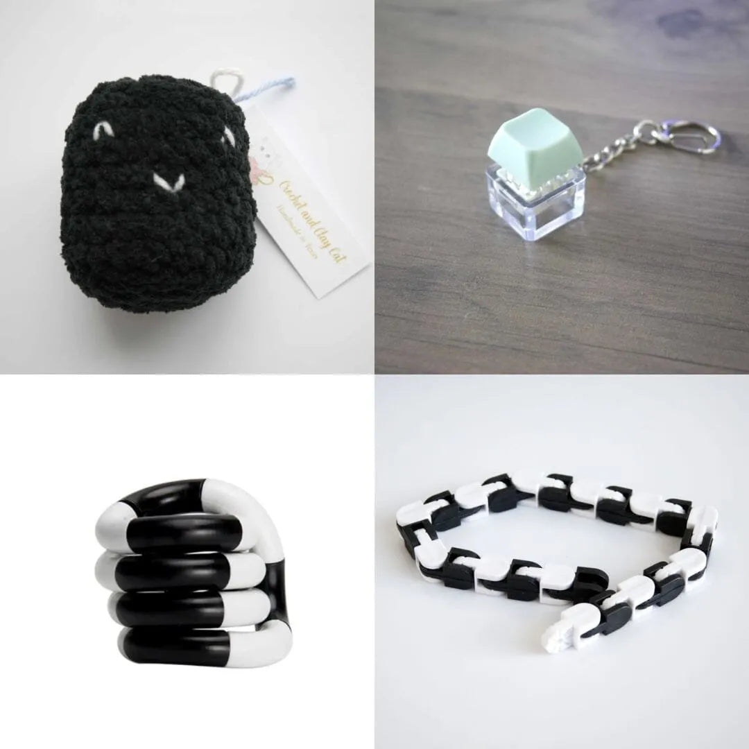 Stress Mallow by Crochet and Clay Cat + Fidgets Bundle Black Mint Green Black and white