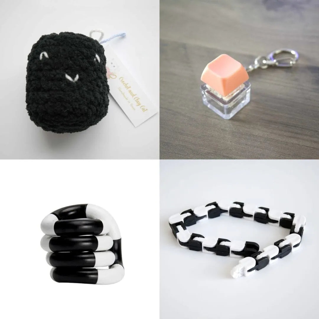 Stress Mallow by Crochet and Clay Cat + Fidgets Bundle Black Coral Black and white