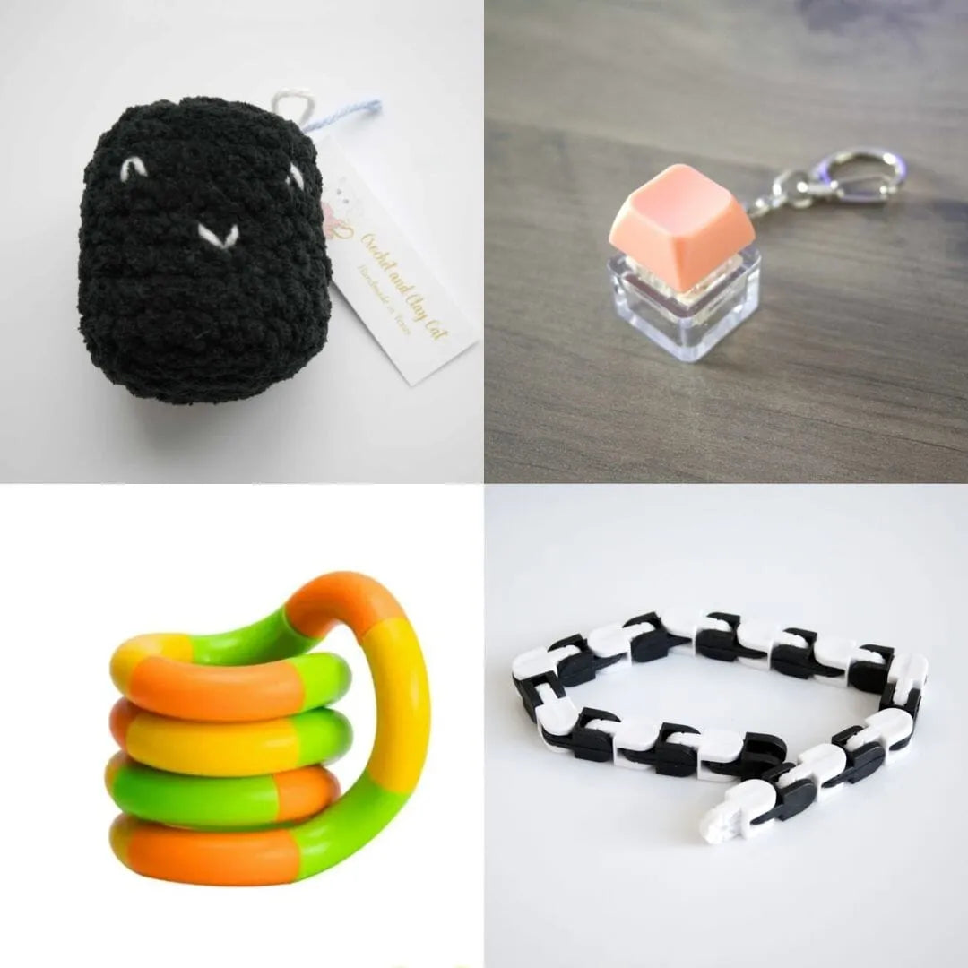 Stress Mallow by Crochet and Clay Cat + Fidgets Bundle Black Coral Green yellow orange