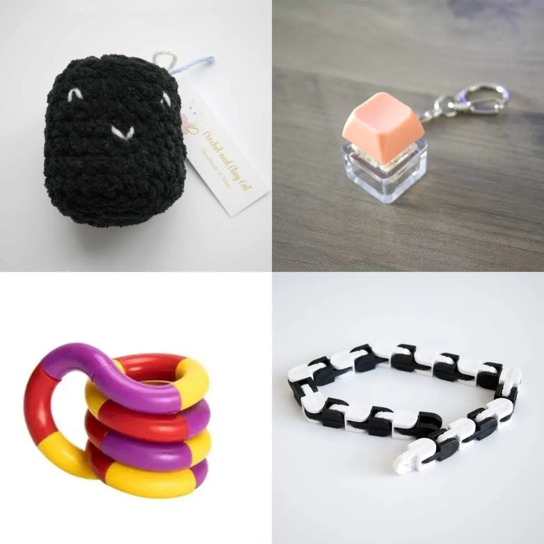 Stress Mallow by Crochet and Clay Cat + Fidgets Bundle Black Coral Purple red yellow