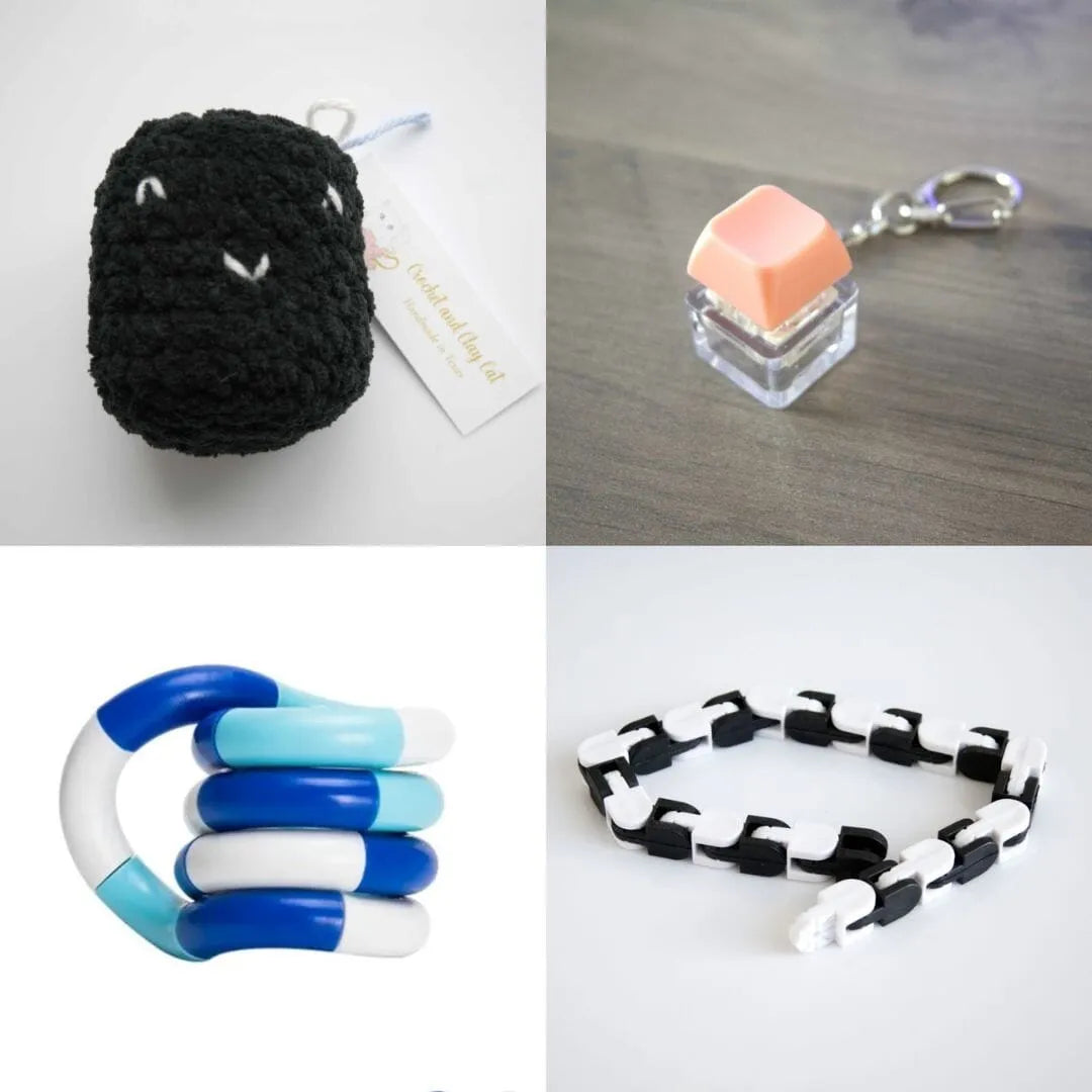 Stress Mallow by Crochet and Clay Cat + Fidgets Bundle Black Coral Blue white deep blue