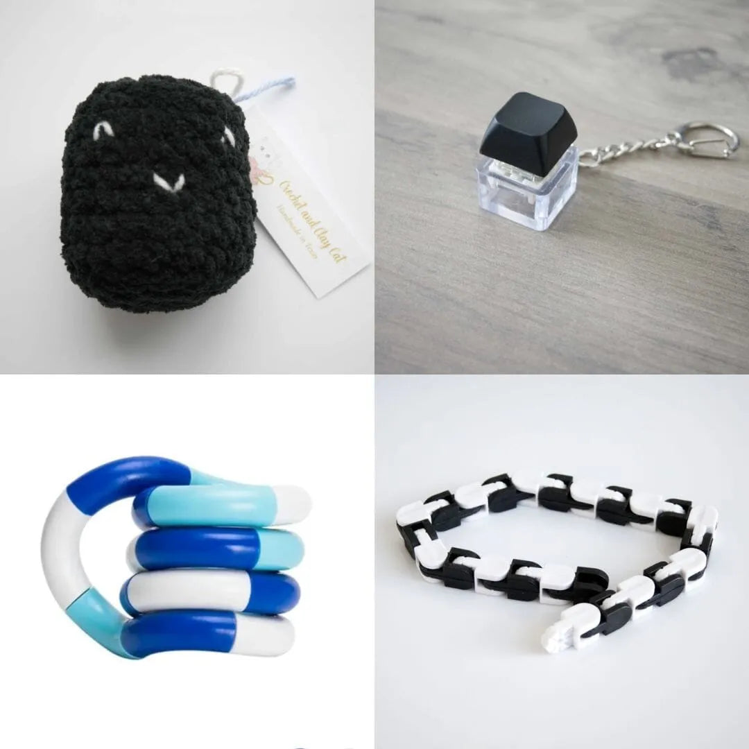 Stress Mallow by Crochet and Clay Cat + Fidgets Bundle Black Black Blue white deep blue