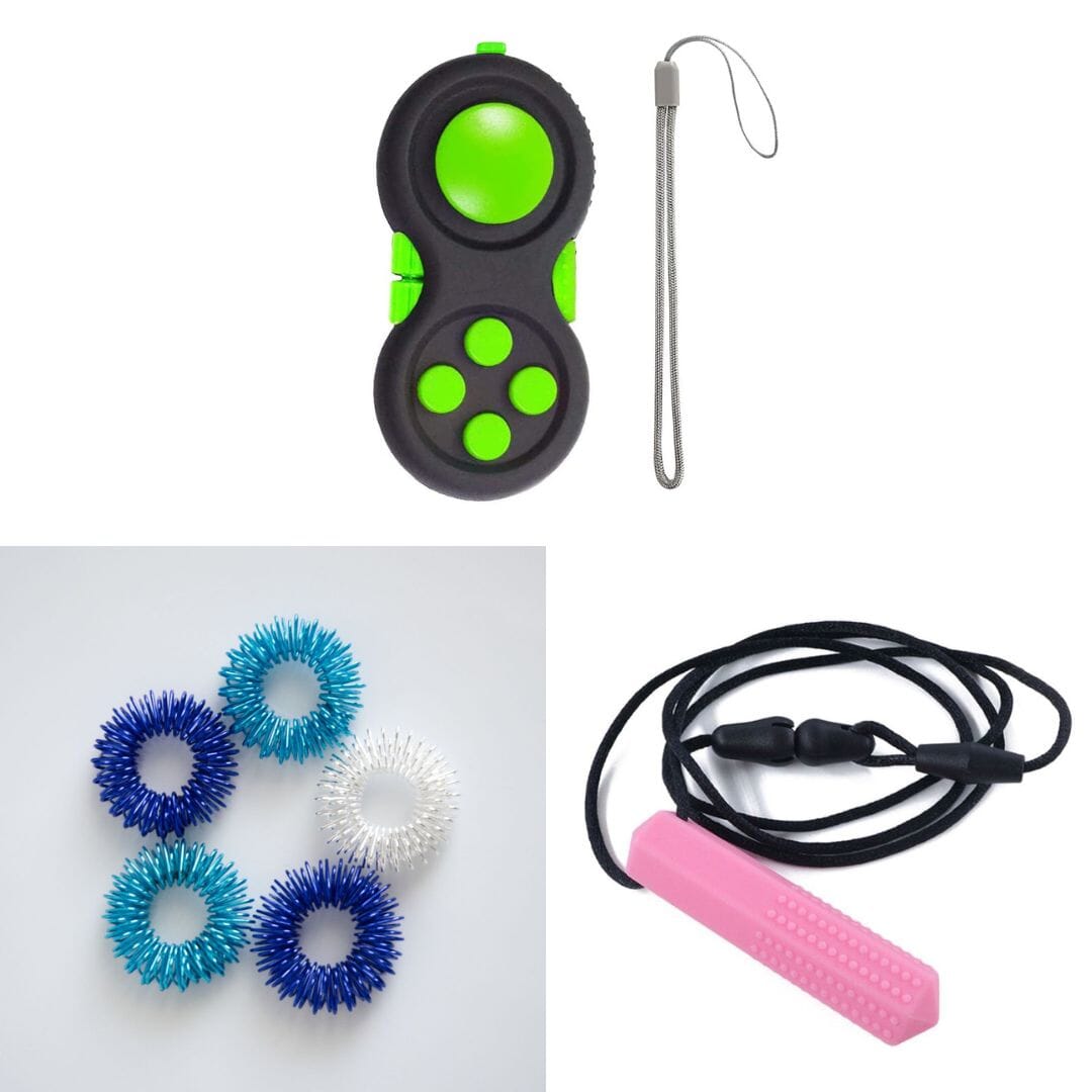 2 Classic Fidget Toys + Textured Prism Chew Necklace (choose your colors) Blue Ocean Green Pink