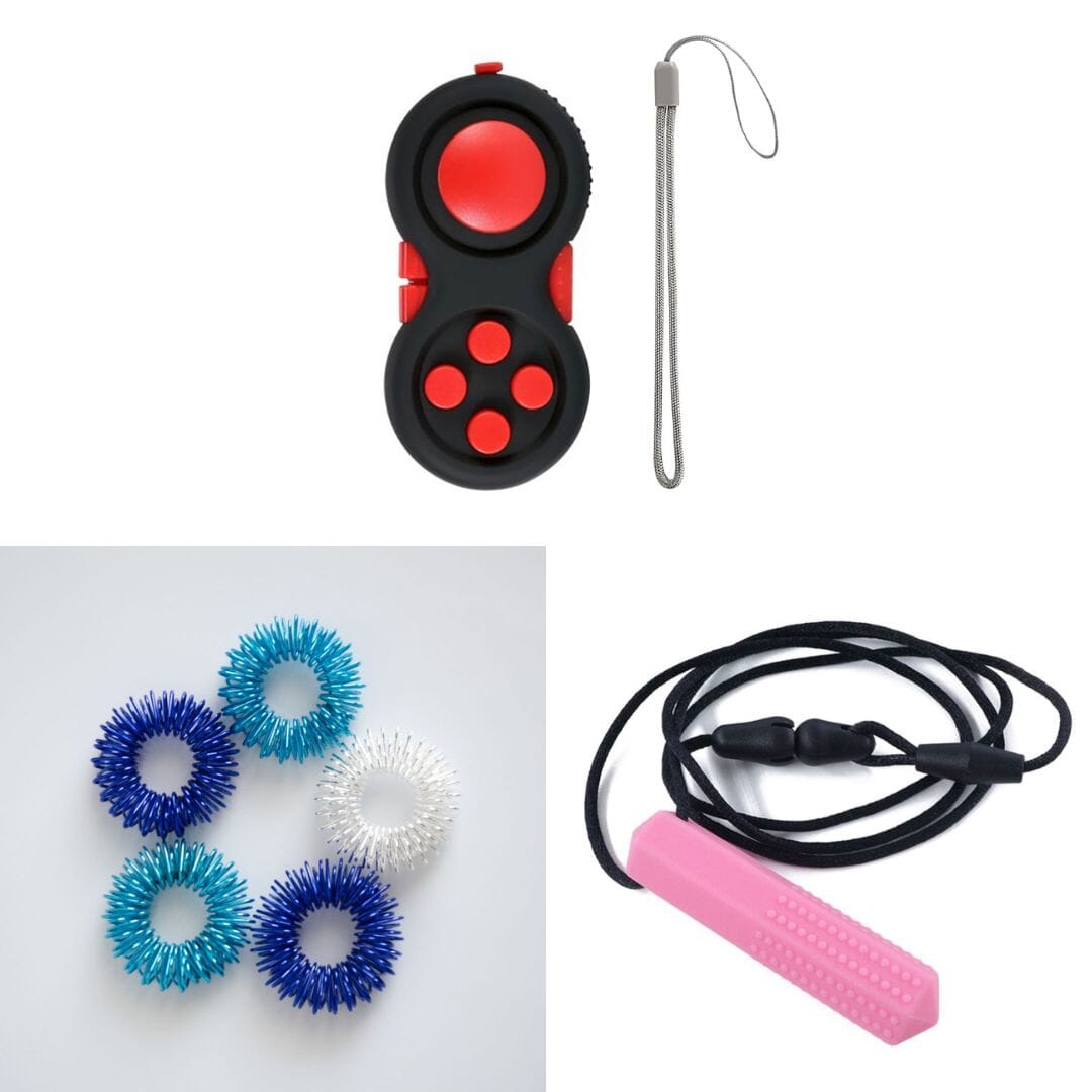 2 Classic Fidget Toys + Textured Prism Chew Necklace (choose your colors) Blue Ocean Red Pink