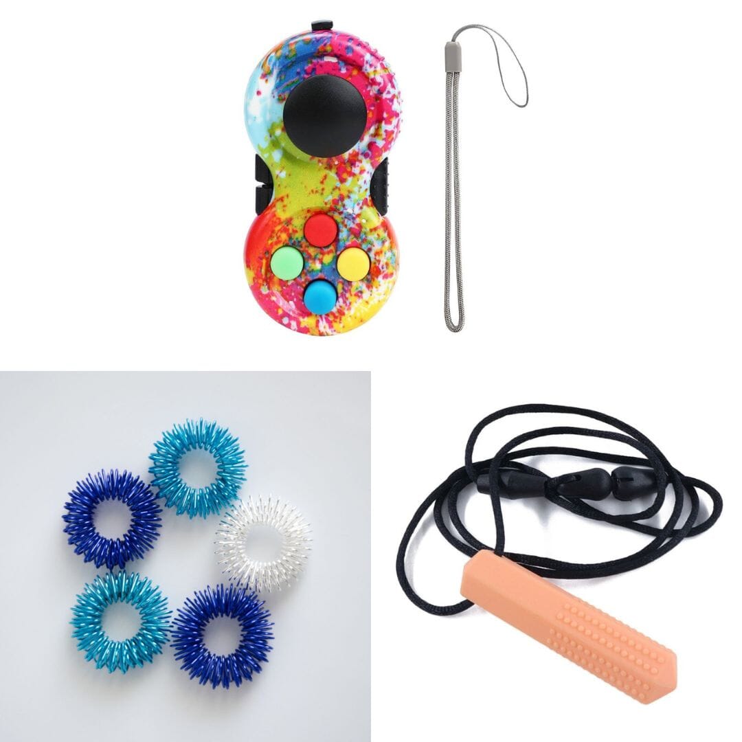 2 Classic Fidget Toys + Textured Prism Chew Necklace (choose your colors) Blue Ocean Paint Splatter Orange