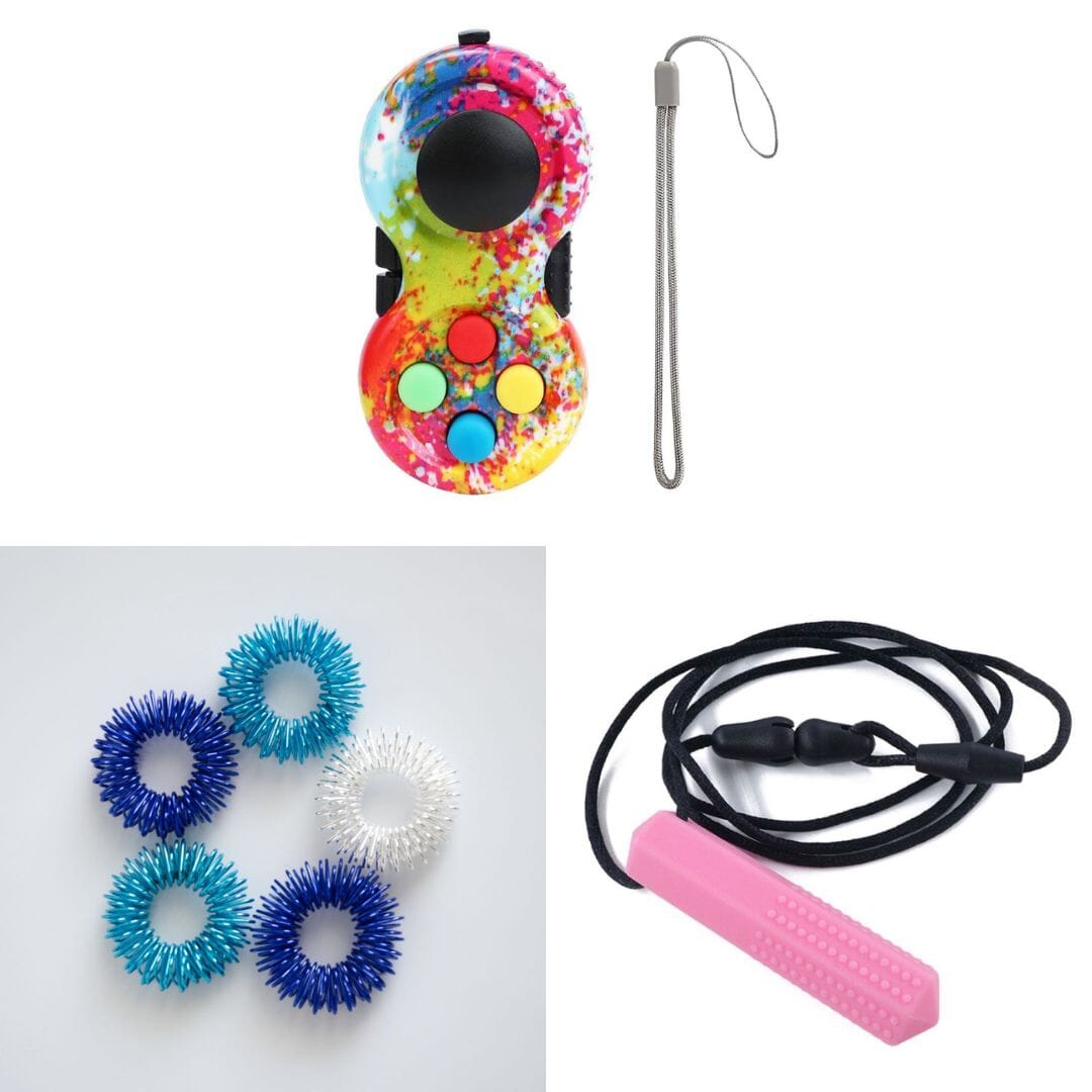 2 Classic Fidget Toys + Textured Prism Chew Necklace (choose your colors) The Autistic Innovator Blue Ocean Paint Splatter Pink