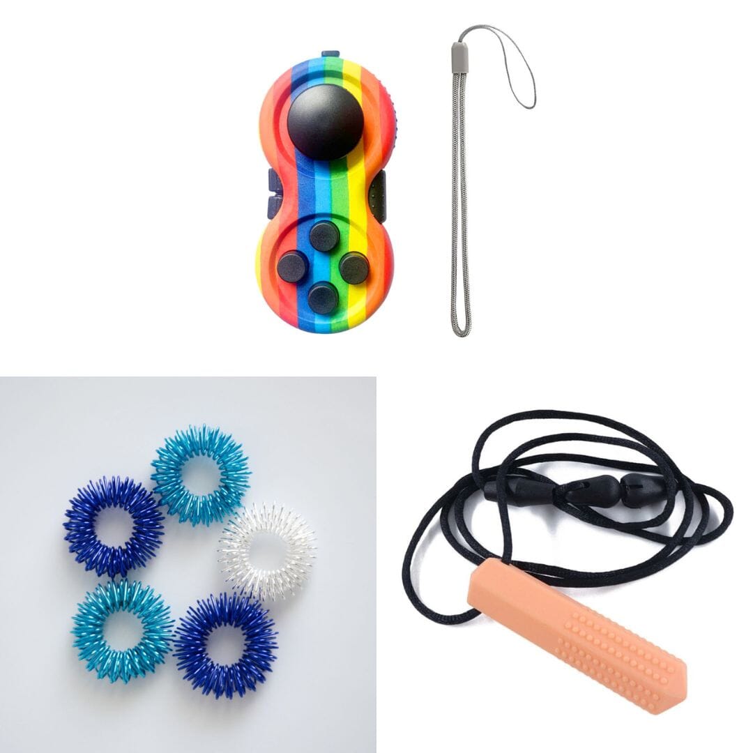 2 Classic Fidget Toys + Textured Prism Chew Necklace (choose your colors) The Autistic Innovator Blue Ocean Rainbow Orange