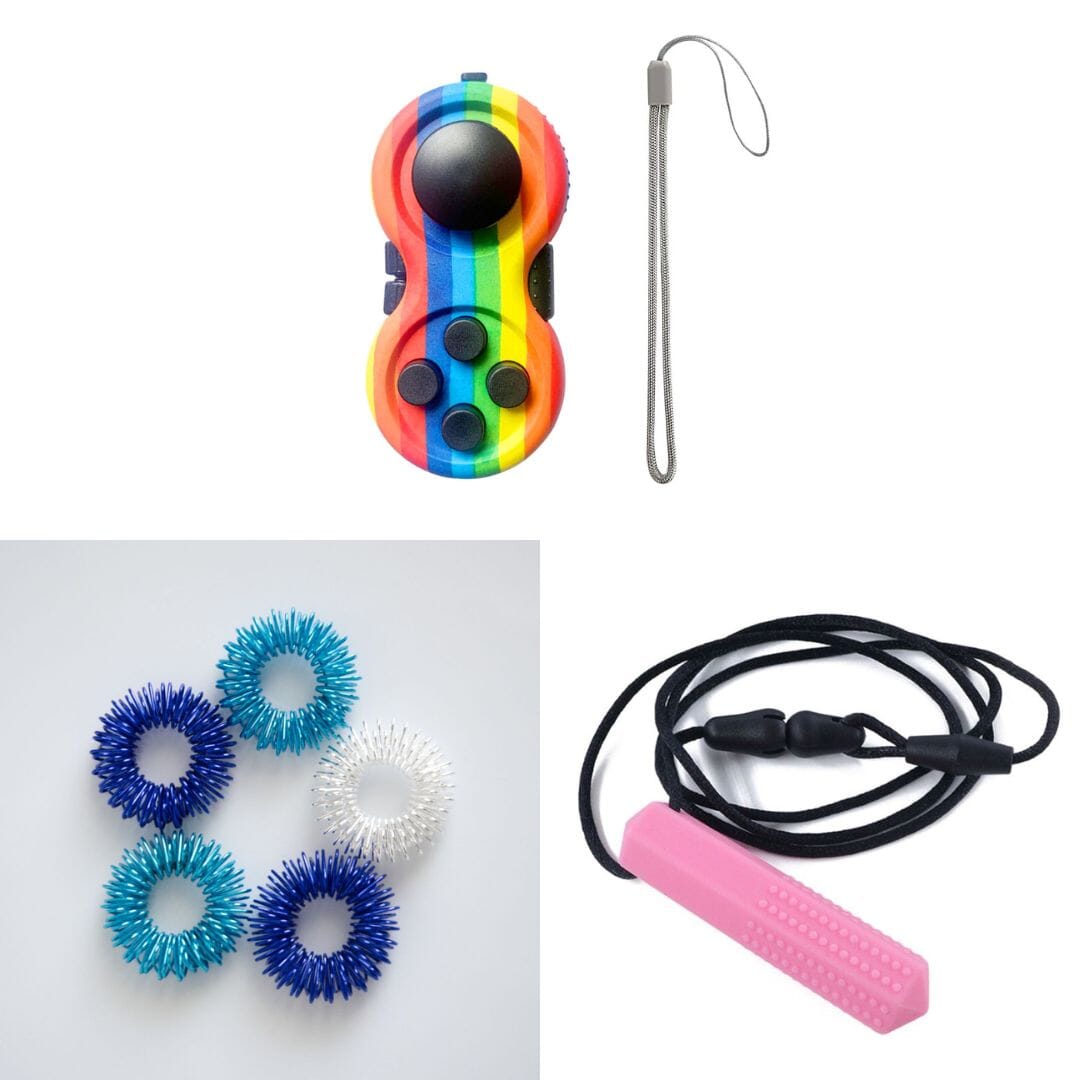 2 Classic Fidget Toys + Textured Prism Chew Necklace (choose your colors) The Autistic Innovator Blue Ocean Rainbow Pink