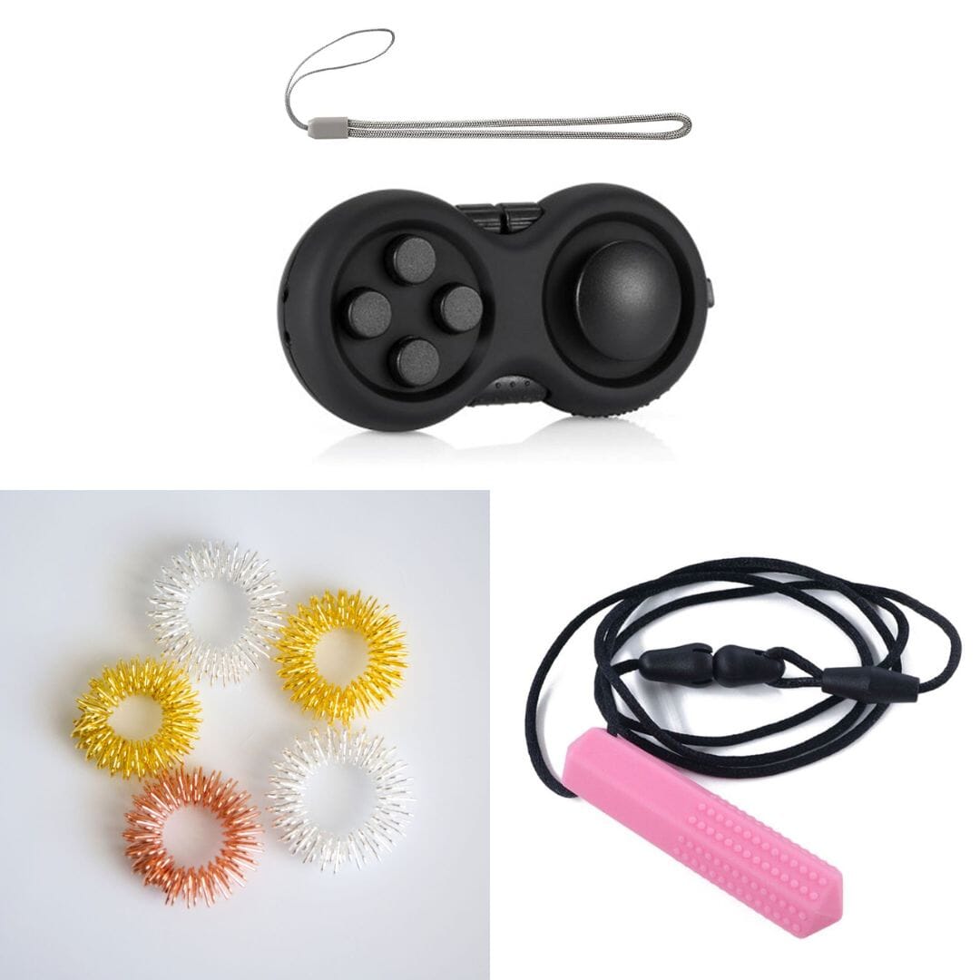 2 Classic Fidget Toys + Textured Prism Chew Necklace (choose your colors) Golden All Black Pink