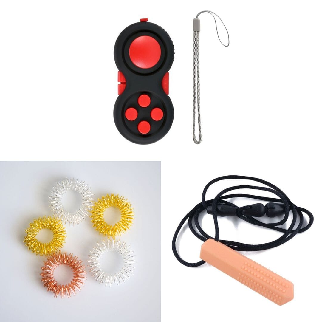 Textured Prism Chew Necklace + 2 Classic Fidget Toys (choose your colors) The Autistic Innovator Golden Red Orange