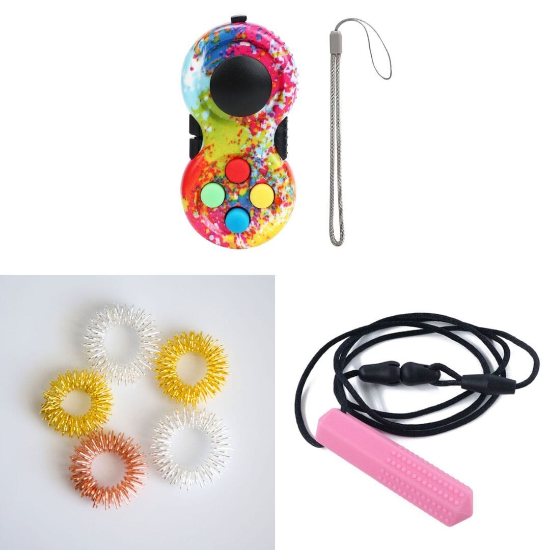 2 Classic Fidget Toys + Textured Prism Chew Necklace (choose your colors) Golden Paint Splatter Pink