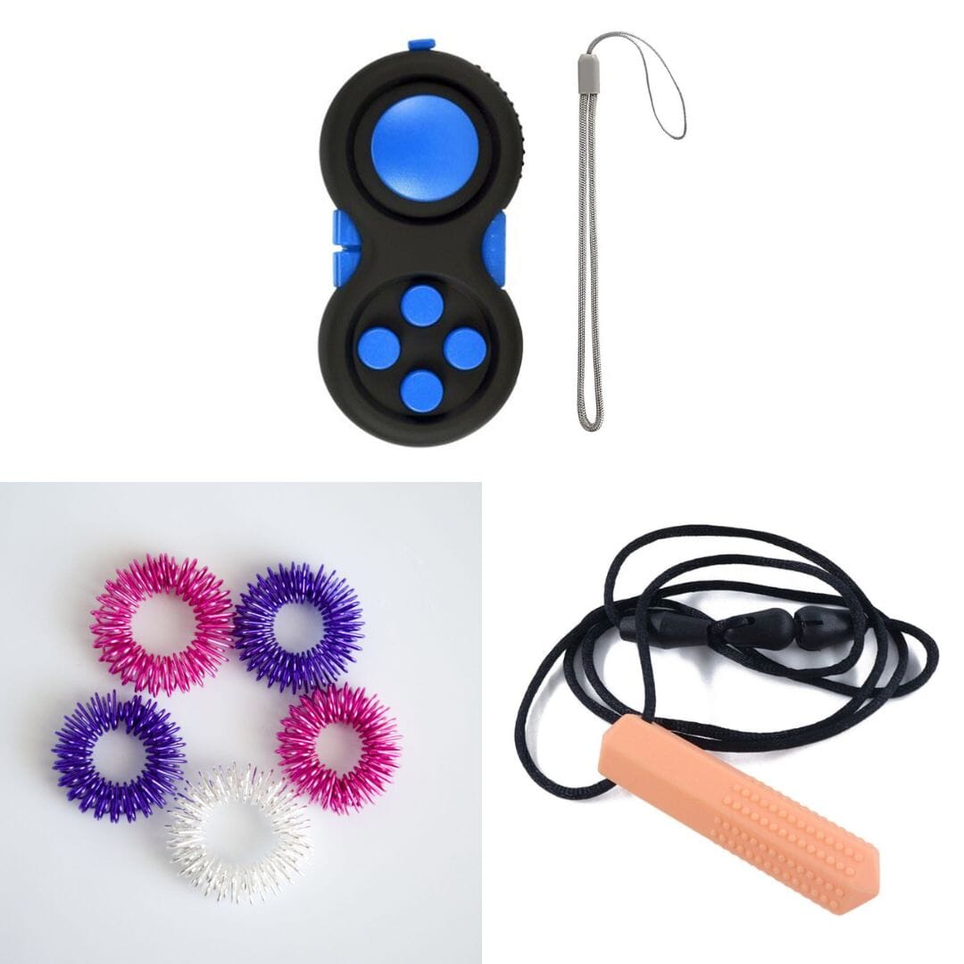 2 Classic Fidget Toys + Textured Prism Chew Necklace (choose your colors) Pink Dreams Blue Orange