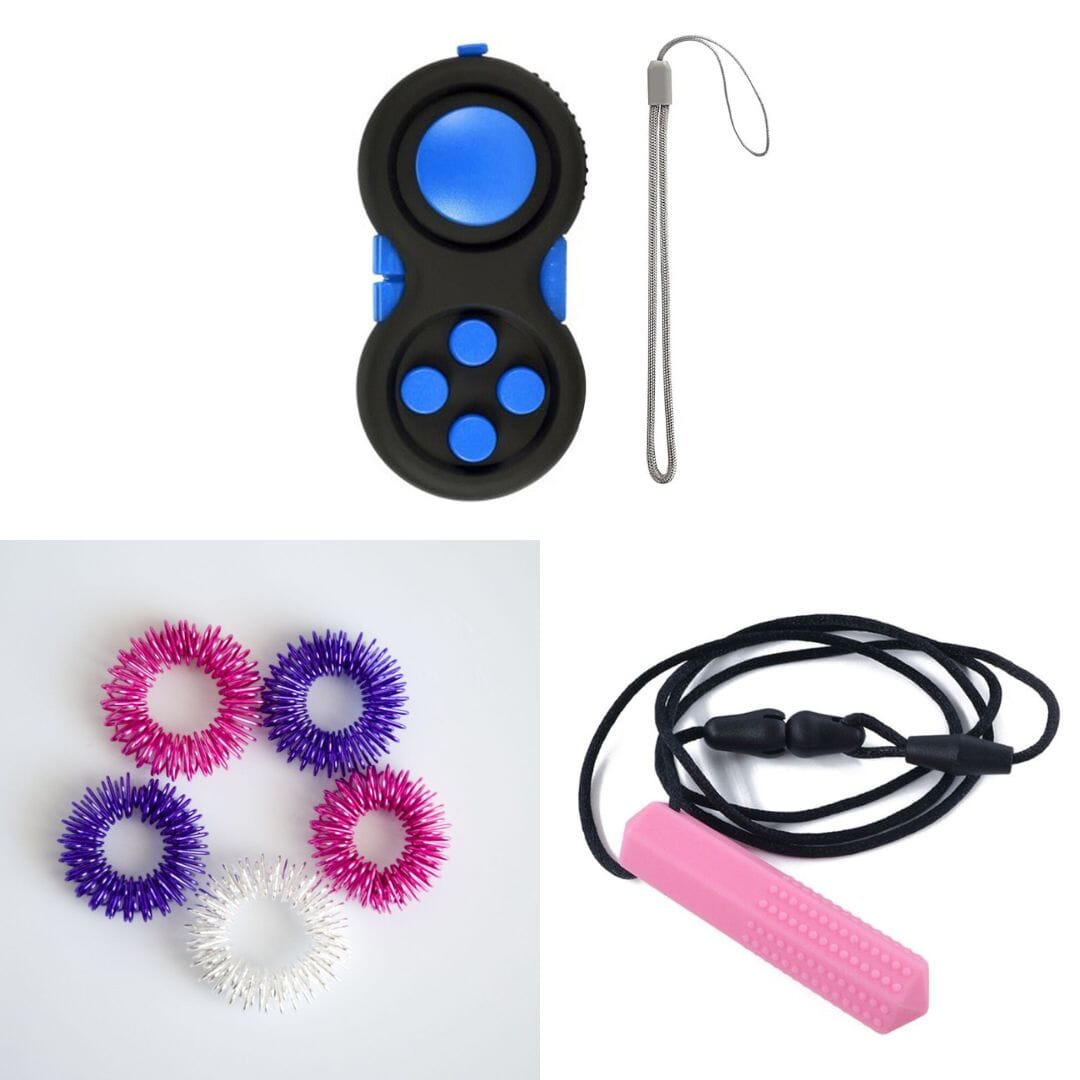 2 Classic Fidget Toys + Textured Prism Chew Necklace (choose your colors) Pink Dreams Blue Pink