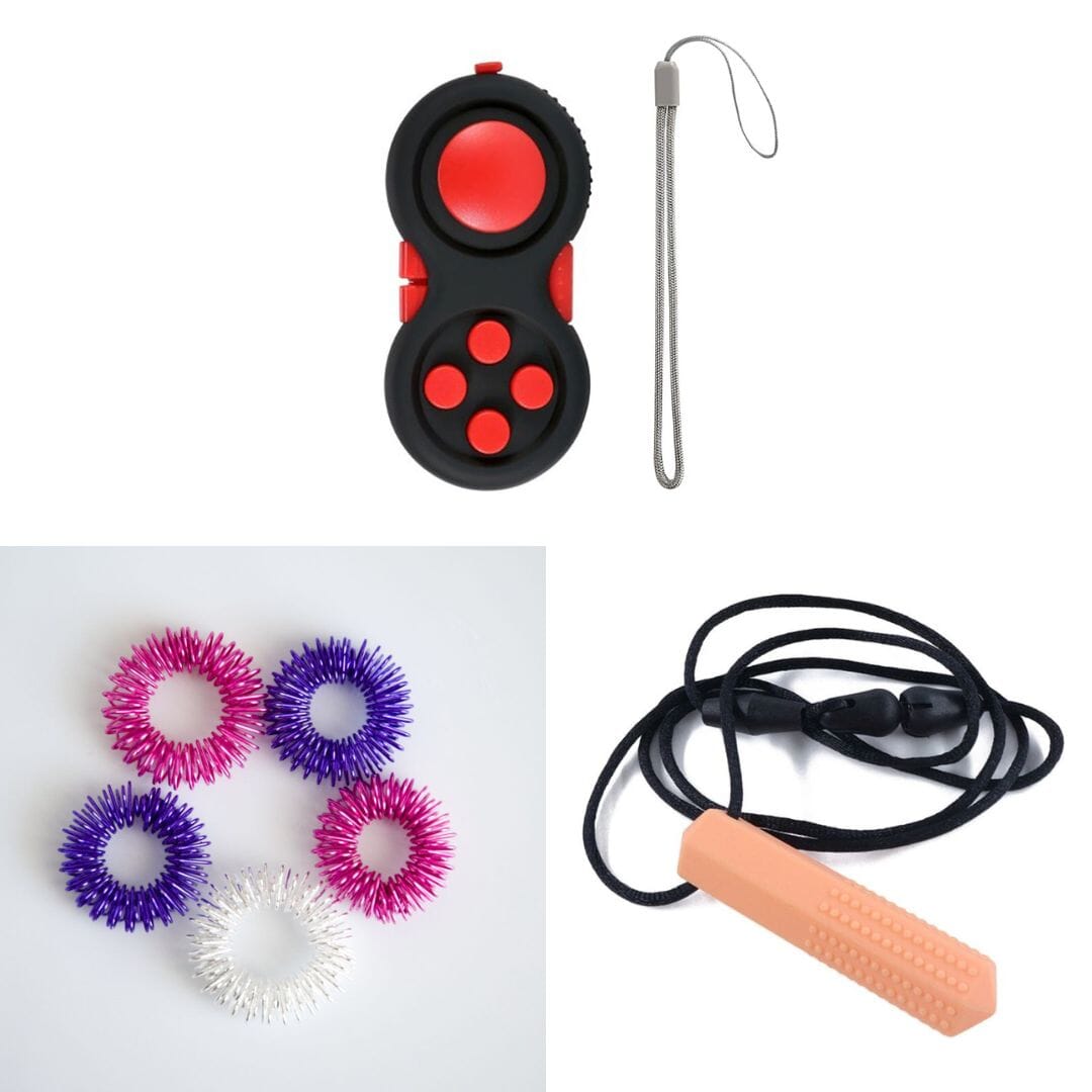 2 Classic Fidget Toys + Textured Prism Chew Necklace (choose your colors) Pink Dreams Red Orange