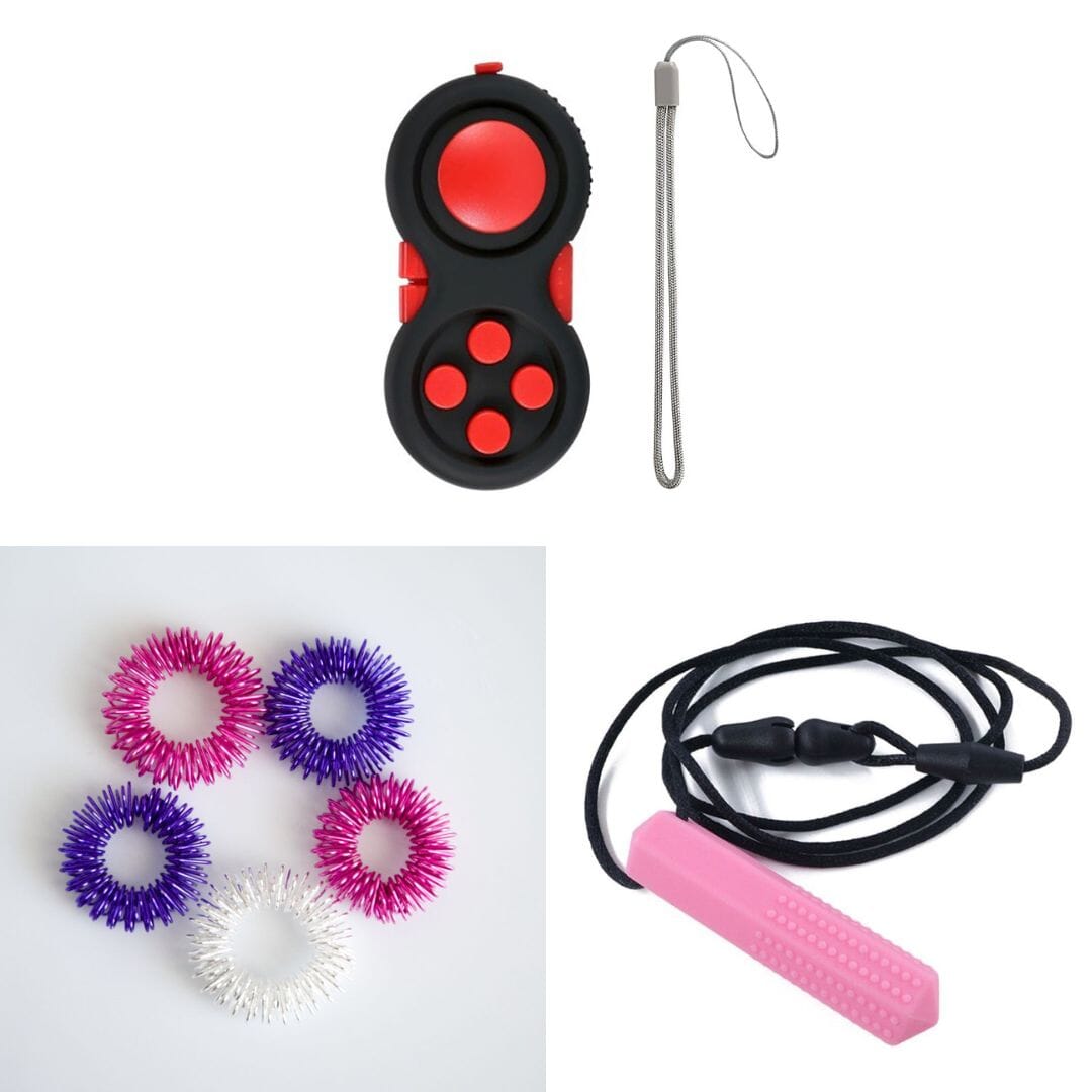 2 Classic Fidget Toys + Textured Prism Chew Necklace (choose your colors) Pink Dreams Red Pink