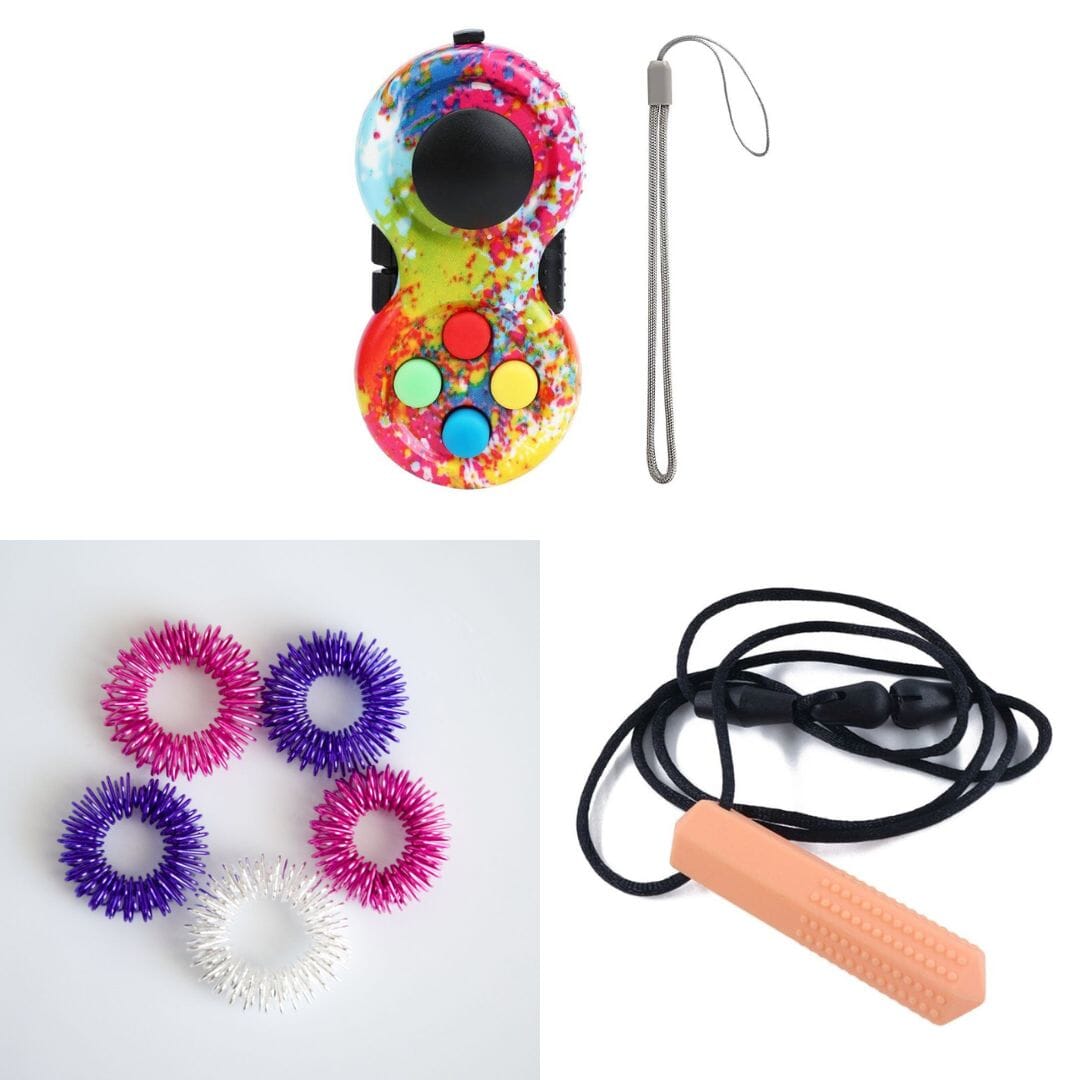 2 Classic Fidget Toys + Textured Prism Chew Necklace (choose your colors) Pink Dreams Paint Splatter Orange