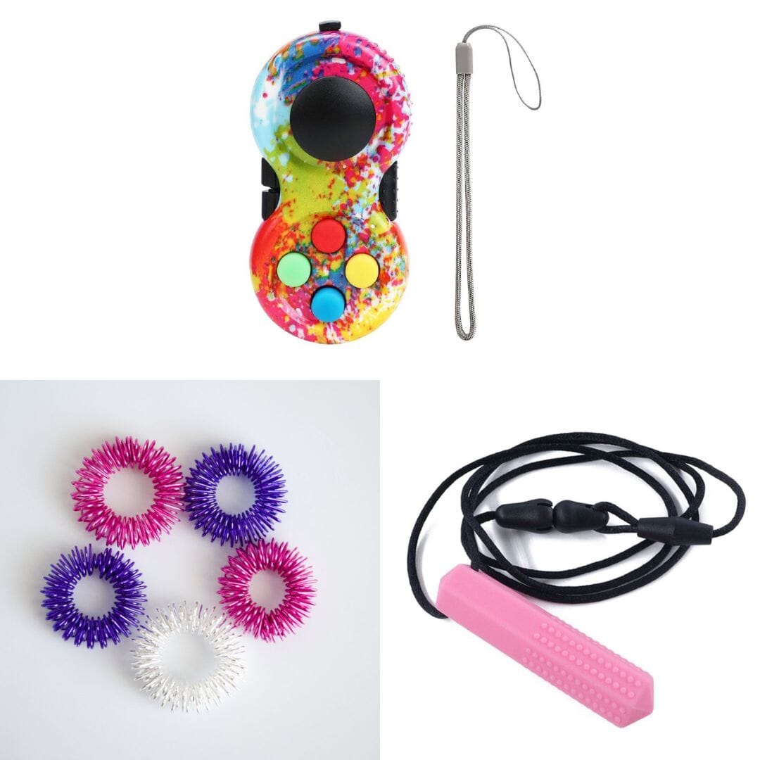 Textured Prism Chew Necklace + 2 Classic Fidget Toys (choose your colors) The Autistic Innovator Pink Dreams Paint Splatter Pink