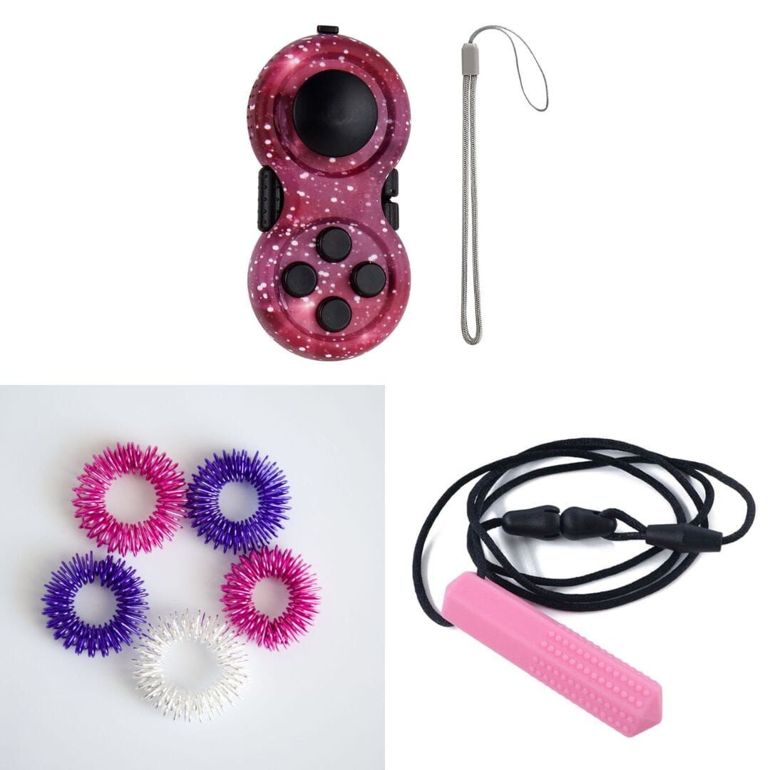 2 Classic Fidget Toys + Textured Prism Chew Necklace (choose your colors) Pink Dreams Galaxy Pink