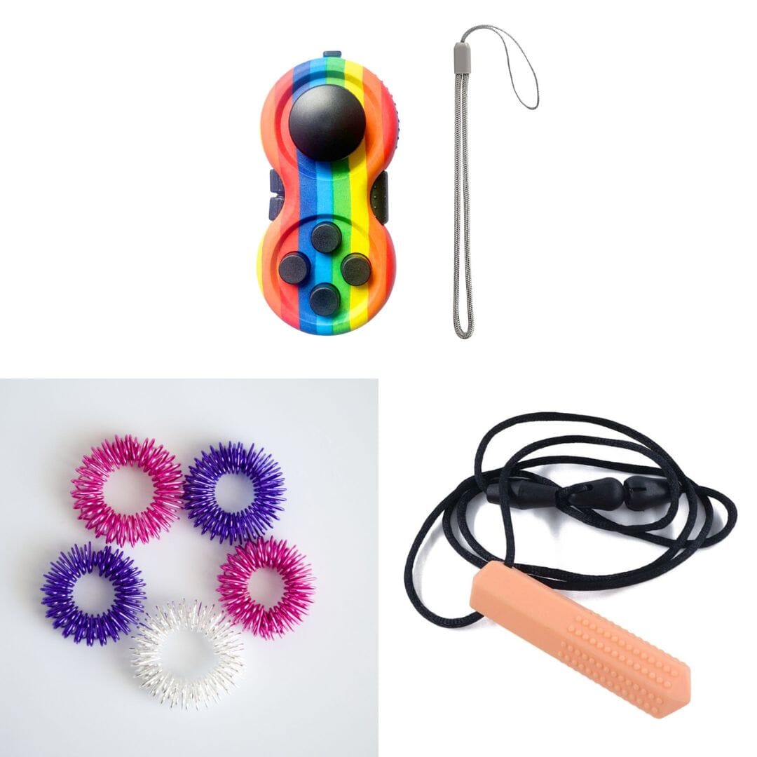 Textured Prism Chew Necklace + 2 Classic Fidget Toys (choose your colors) The Autistic Innovator Pink Dreams Rainbow Orange