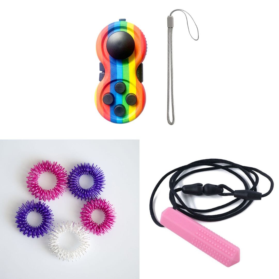 2 Classic Fidget Toys + Textured Prism Chew Necklace (choose your colors) Pink Dreams Rainbow Pink