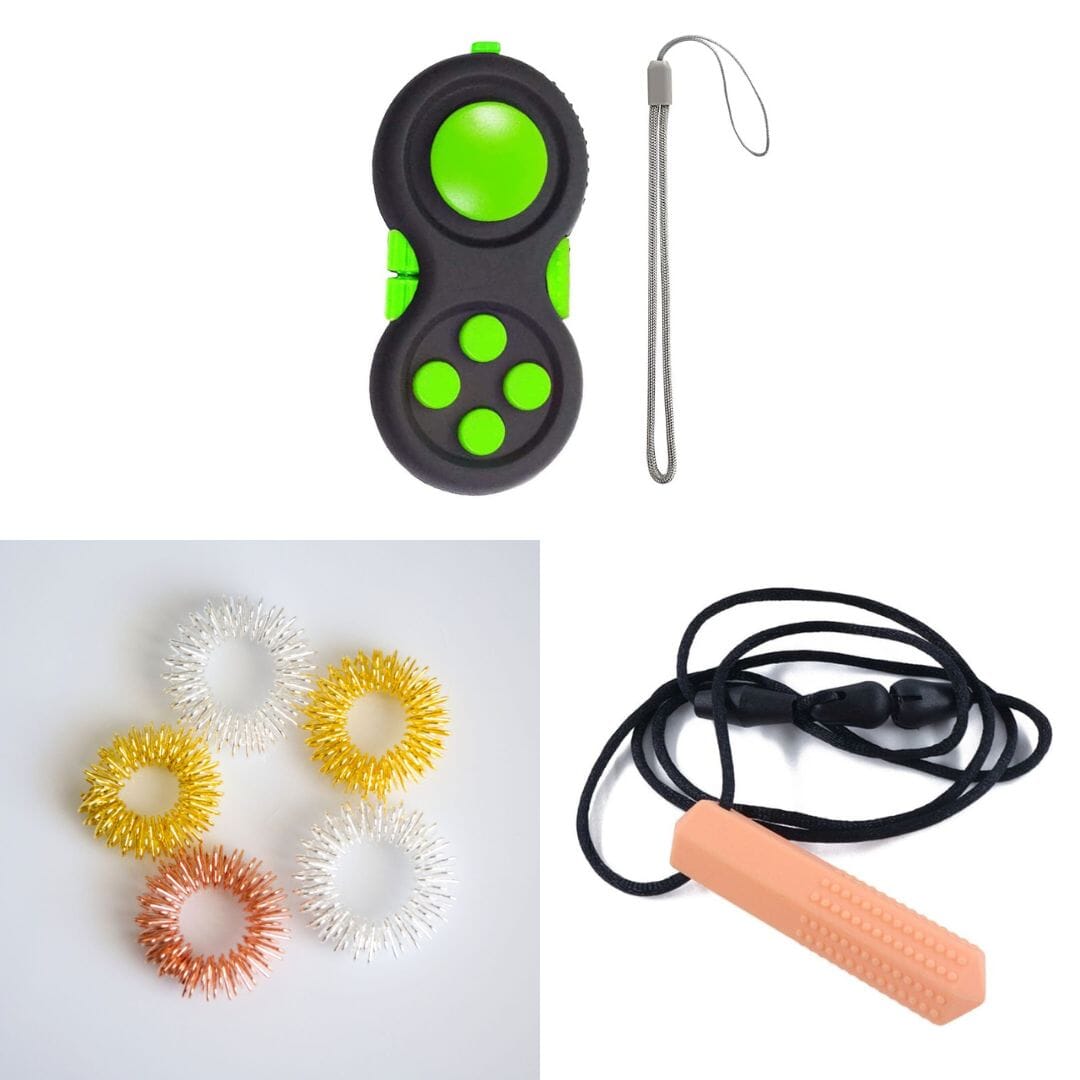 2 Classic Fidget Toys + Textured Prism Chew Necklace (choose your colors) The Autistic Innovator Golden Green Orange