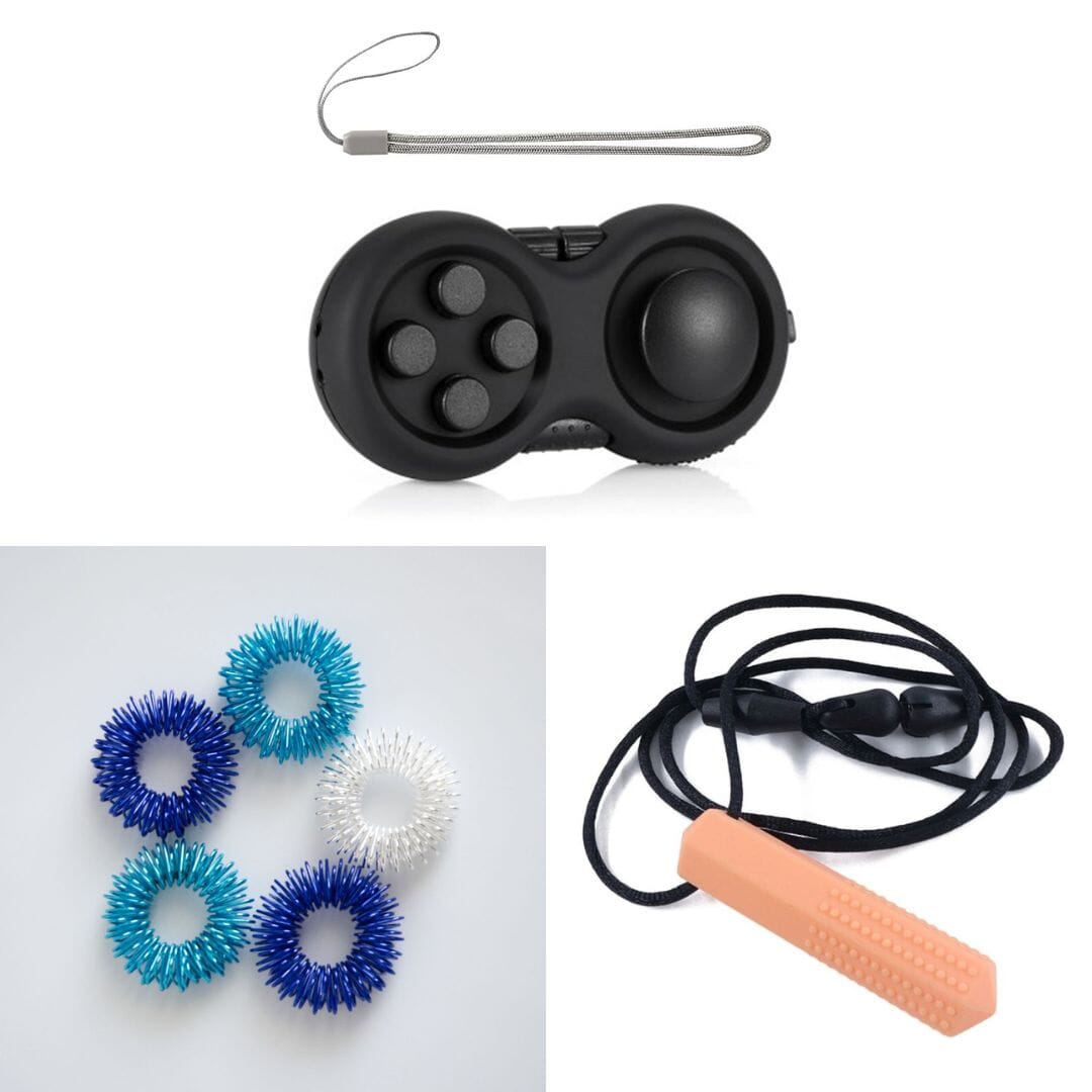 2 Classic Fidget Toys + Textured Prism Chew Necklace (choose your colors) Blue Ocean All Black Orange