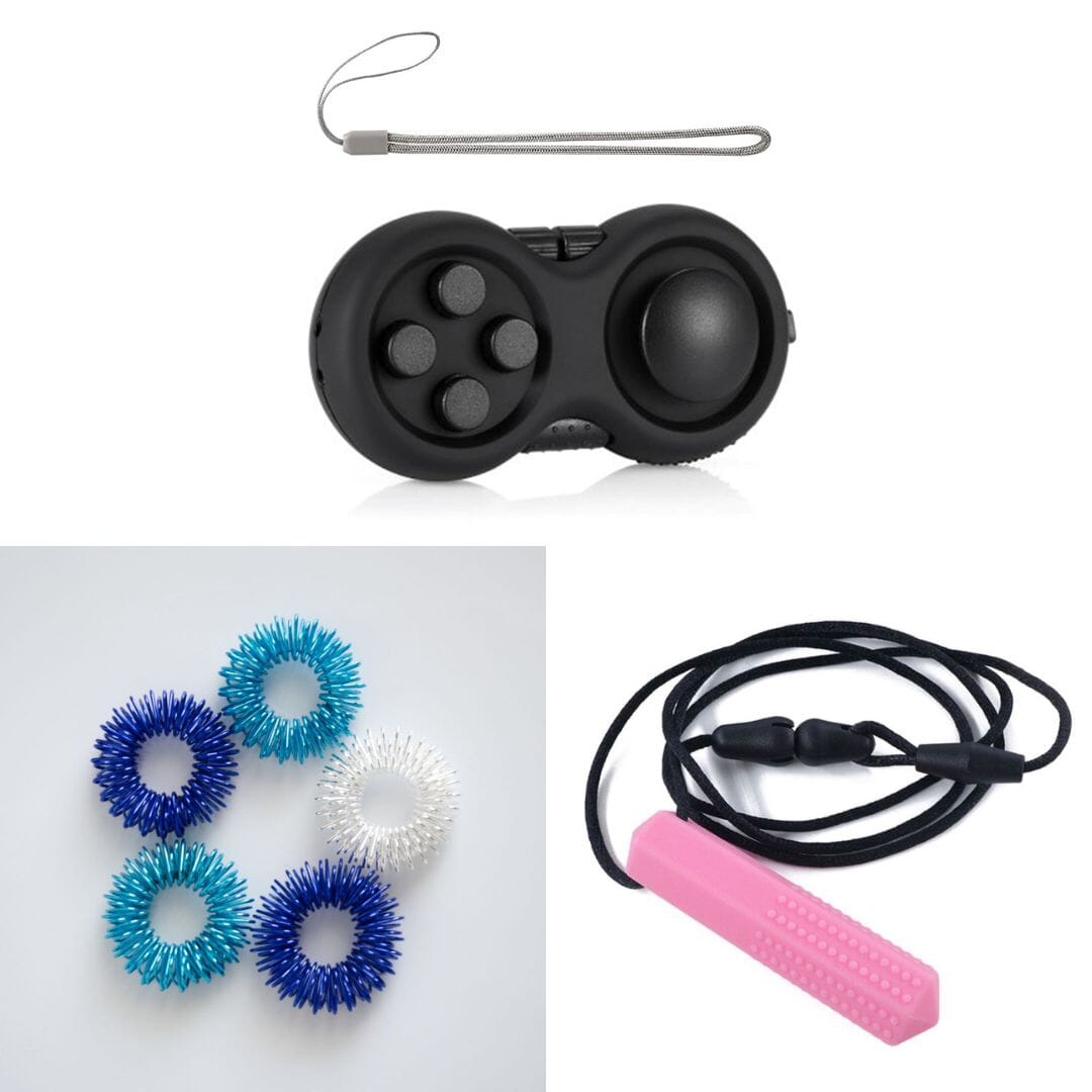 2 Classic Fidget Toys + Textured Prism Chew Necklace (choose your colors) The Autistic Innovator Blue Ocean All Black Pink