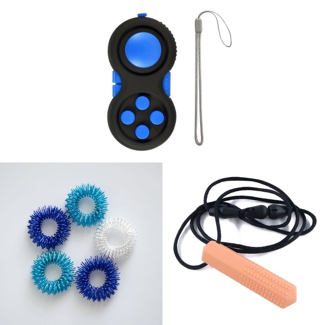 2 Classic Fidget Toys + Textured Prism Chew Necklace (choose your colors) The Autistic Innovator Blue Ocean Blue Orange